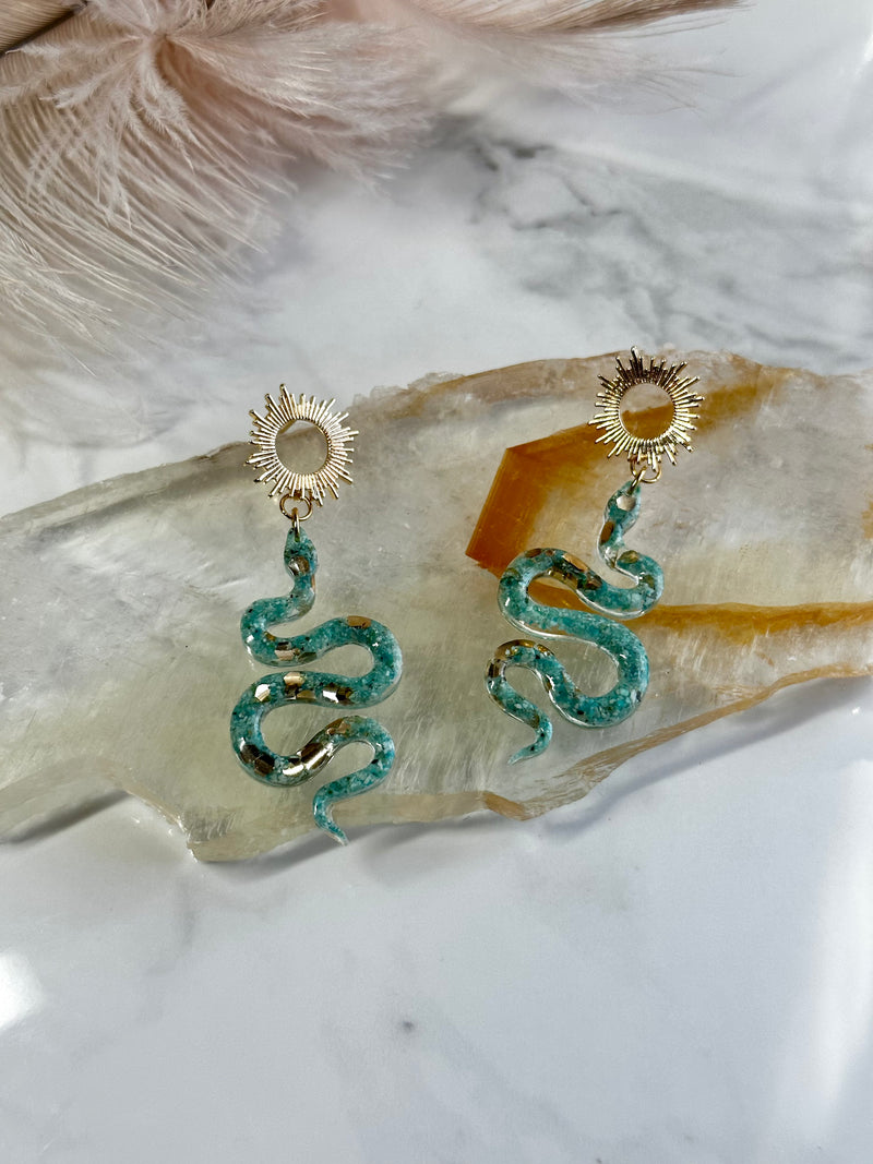 “The Feminine” Chrysocolla Lightweight Snake Sun Earrings