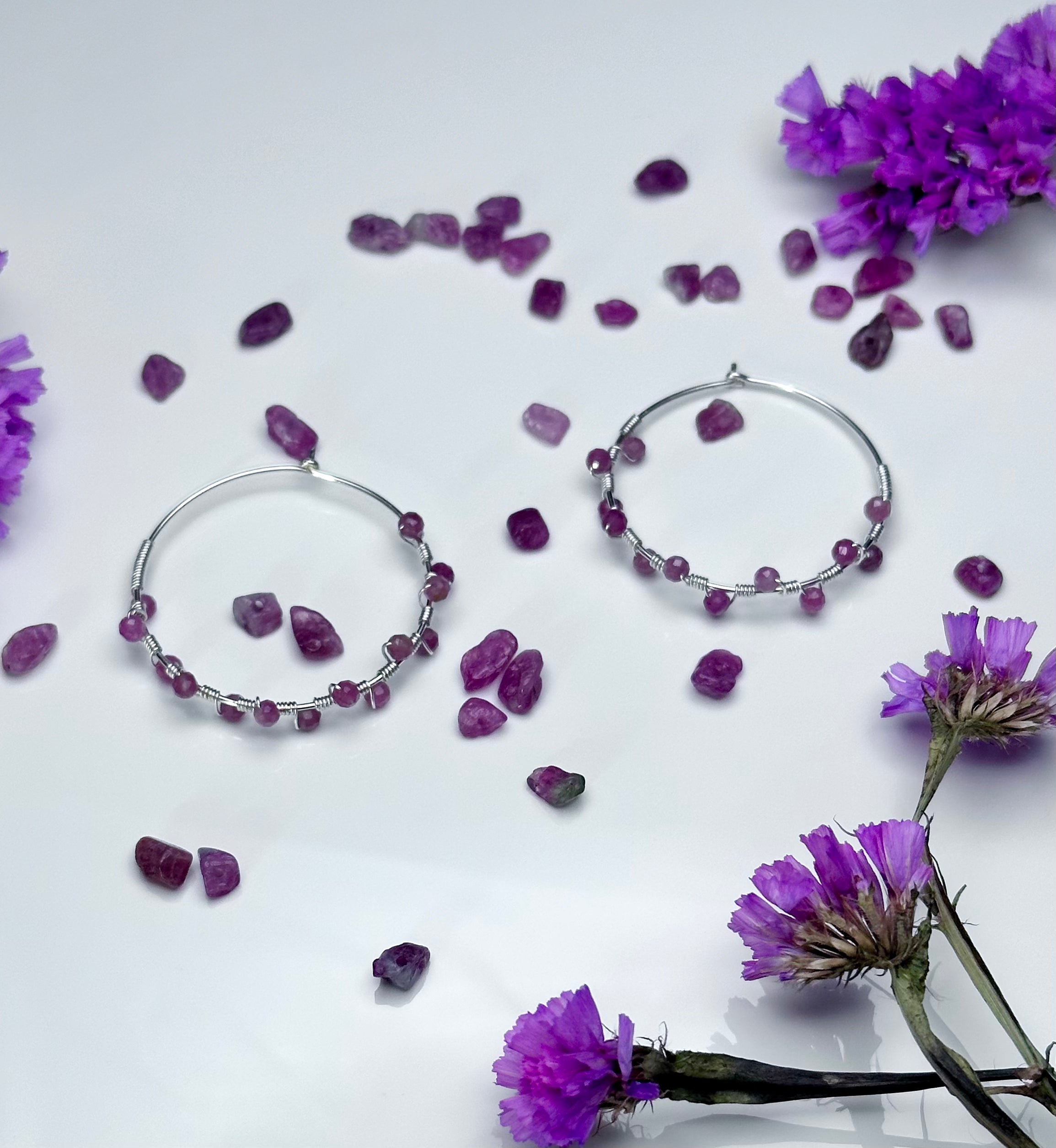 Wired Pink Tourmaline and Sterling Silver Hoop