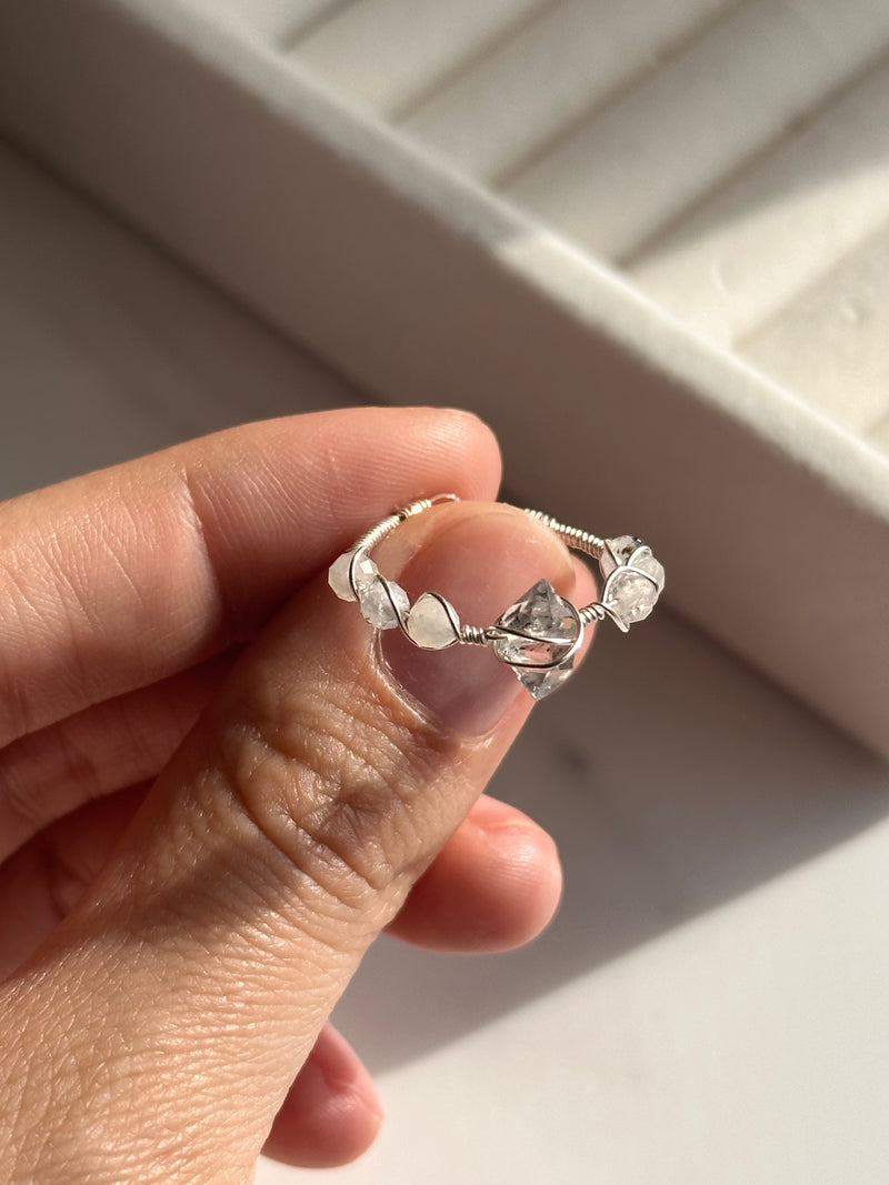 Herkimer Diamond & Moonstone Sterling Silver Wire Ring